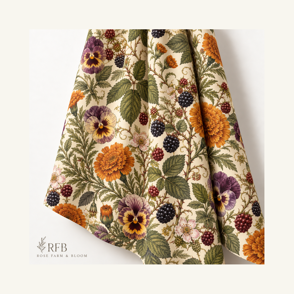 Blackberry Pansy Garden - folded fabric