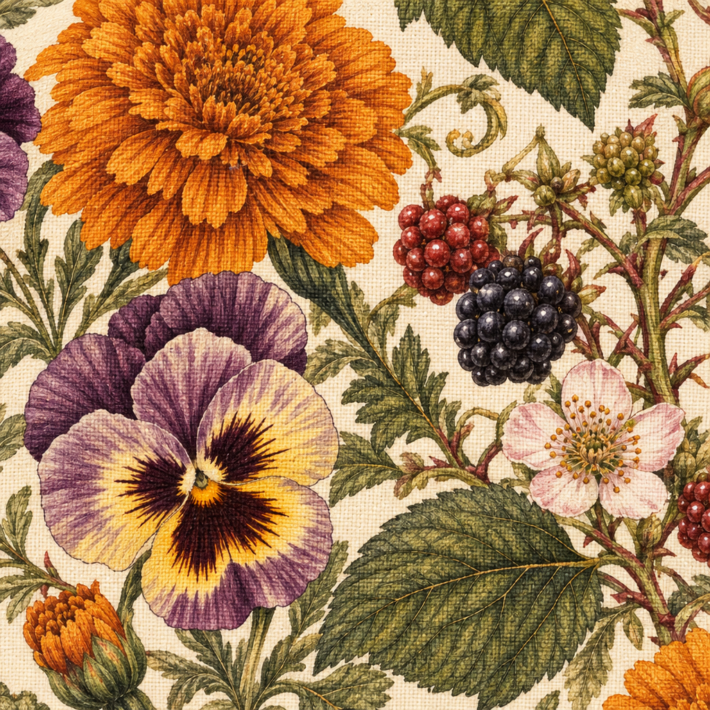 Blackberry Pansy Garden - fabric print and texture close-up