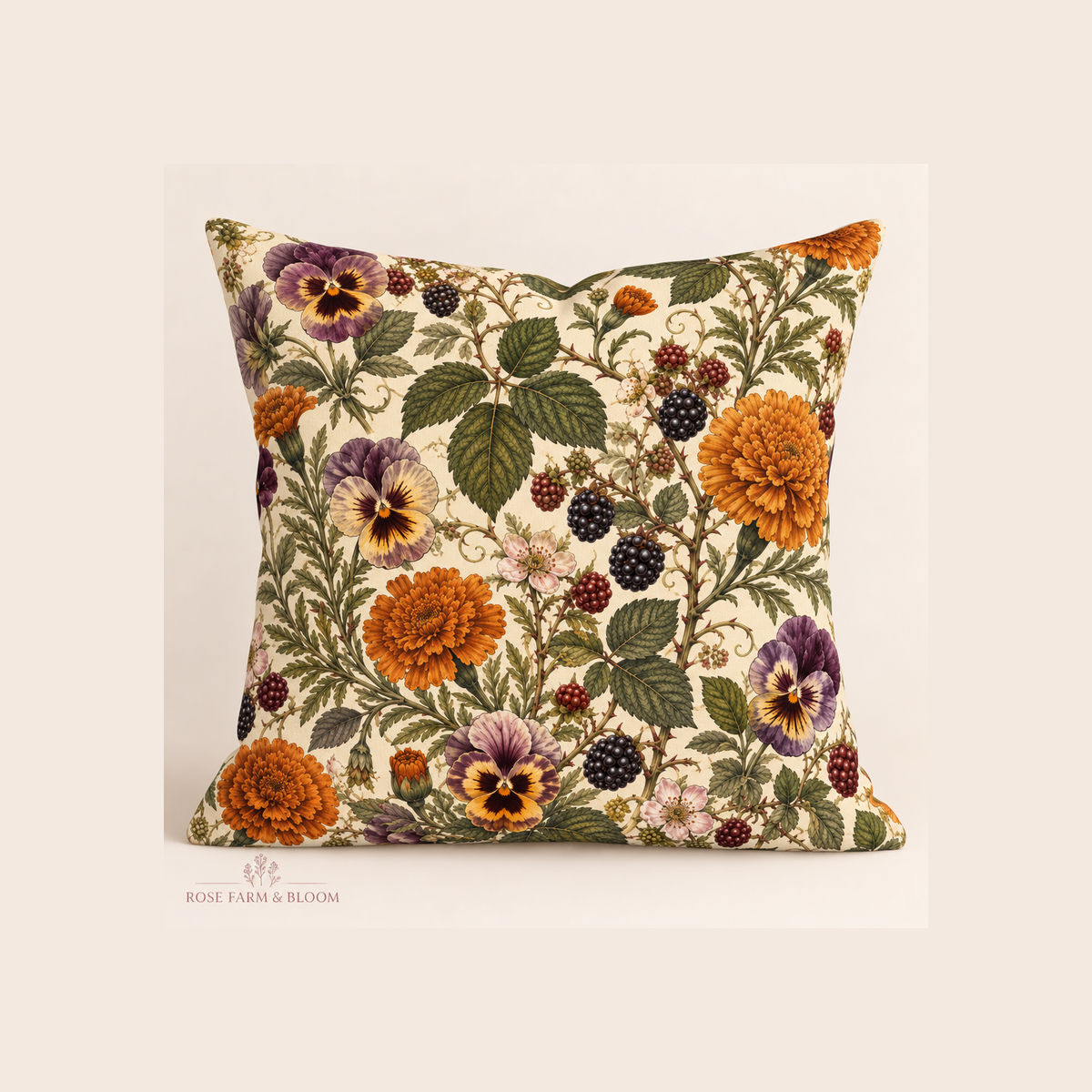 Blackberry Pansy Garden - example pillow cover made with this fabric