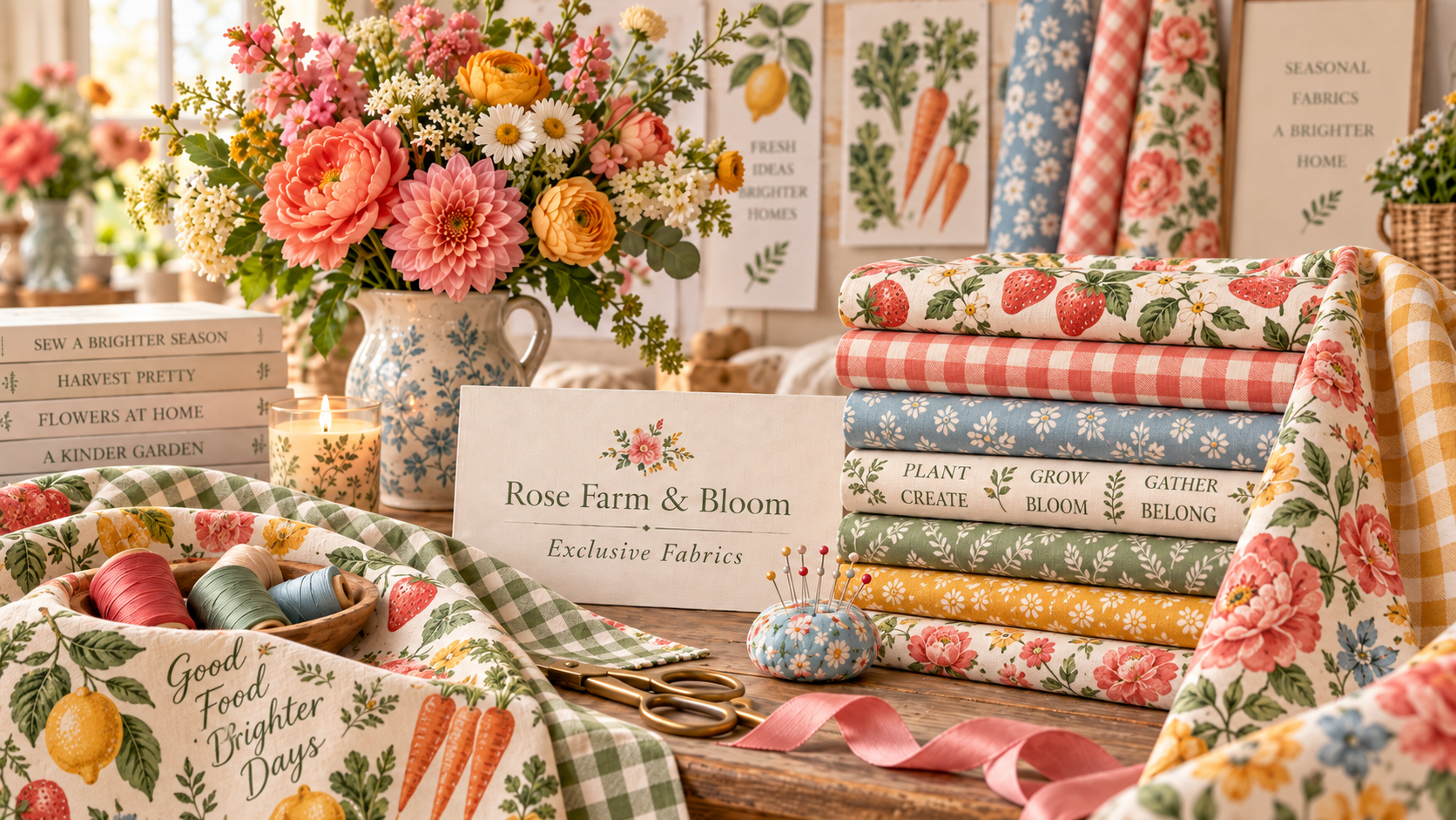 A floral arrangement with pink, orange, white, and yellow flowers in a blue and white pitcher, surrounded by fabric rolls with strawberry and floral prints, a stack of books, a lit candle, sewing supplies, and a sign reading "Rose Farm & Bloom Exclusive Fabrics" in a cozy fabric store setting.