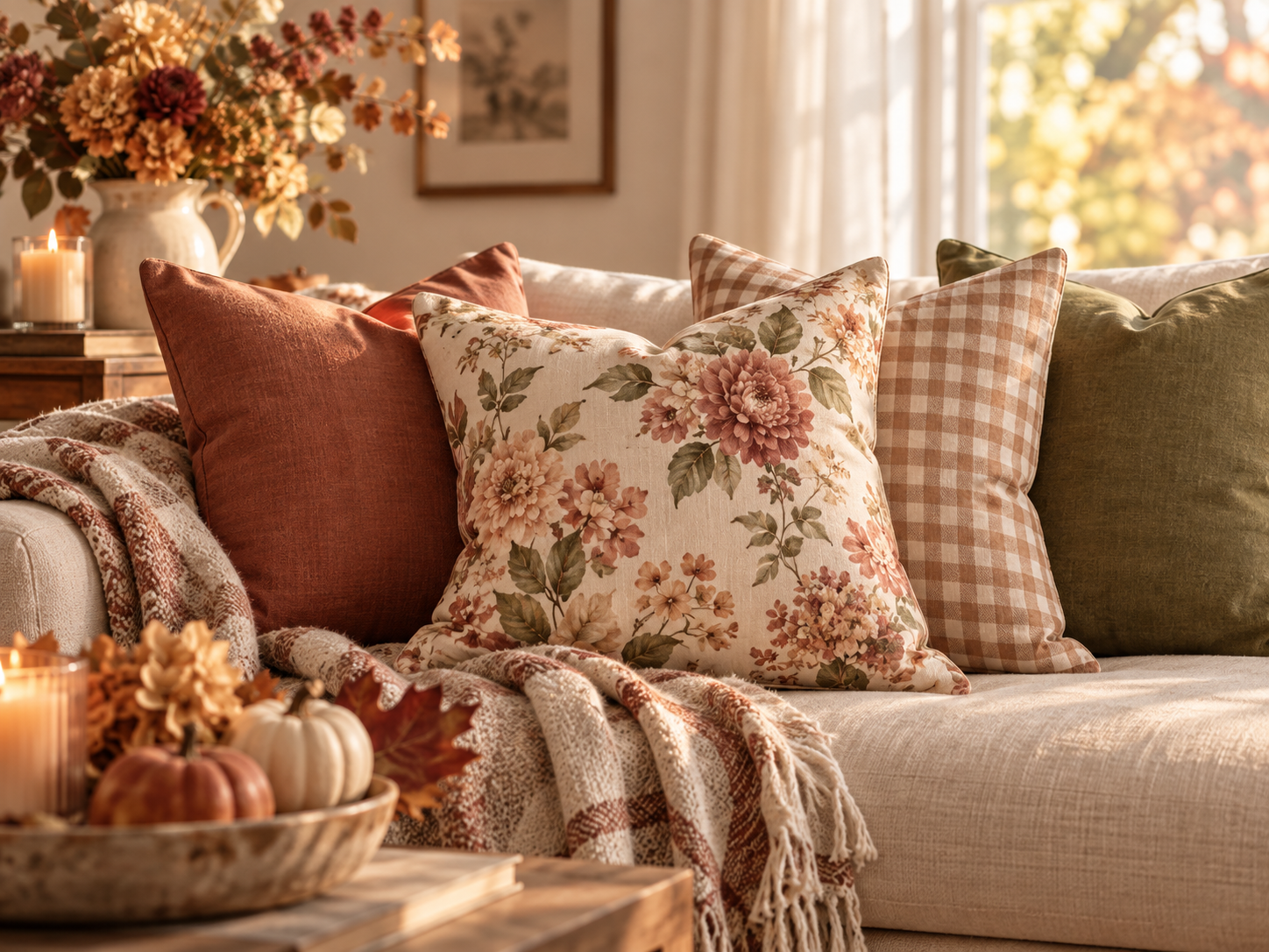 An arrangement of decorative throw pillows in various patterns and colors, set on a beige sofa. A cozy blanket is draped over the sofa. In the background, a window lets in natural light, and a side table holds a candle, a vase with autumn flowers, a framed picture, and some small pumpkins and fall leaves are visible in the foreground.
