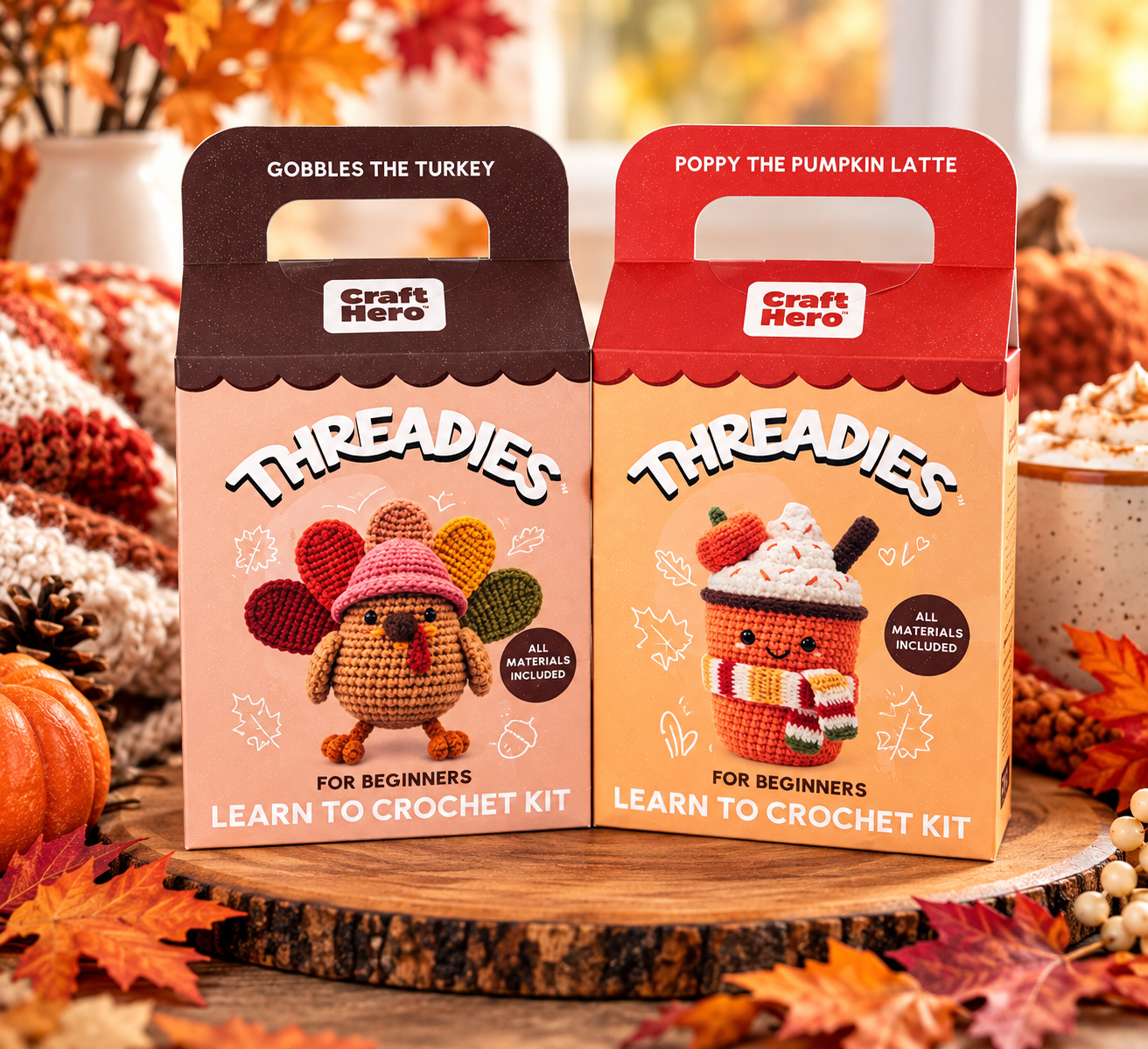 Thankful Stitches Duo — Turkey & Pumpkin Crochet Kit Bundle