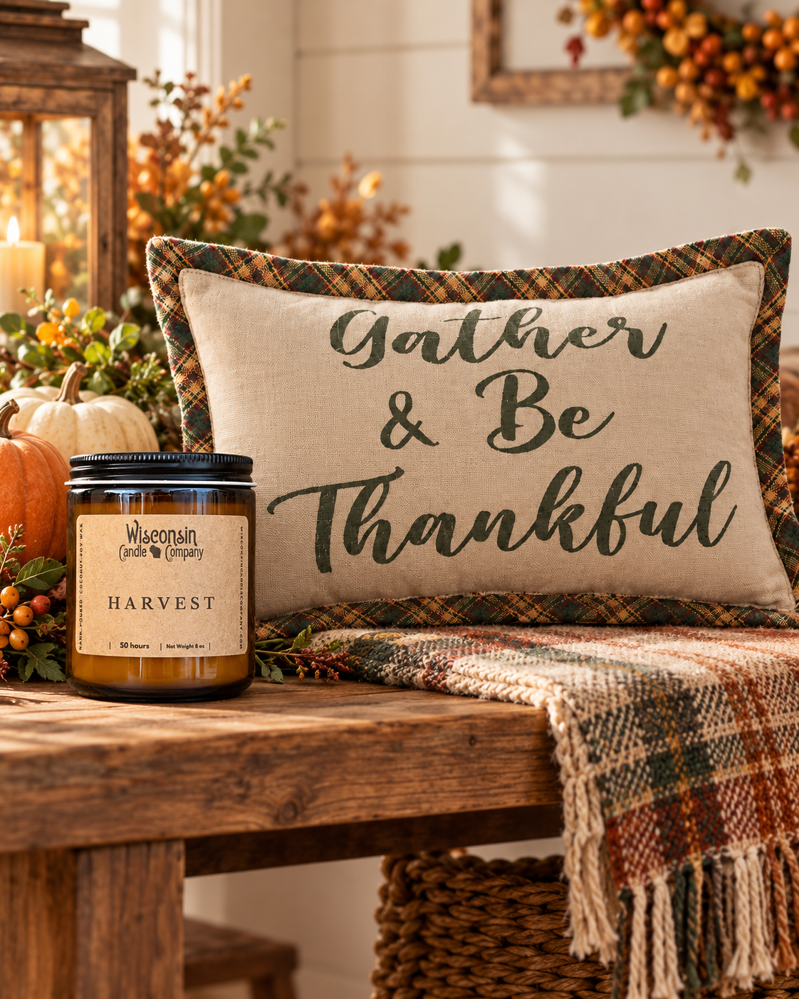 Autumn Harvest Cozy Home Bundle — Harvest Candle & Gather Be Thankful Pillow