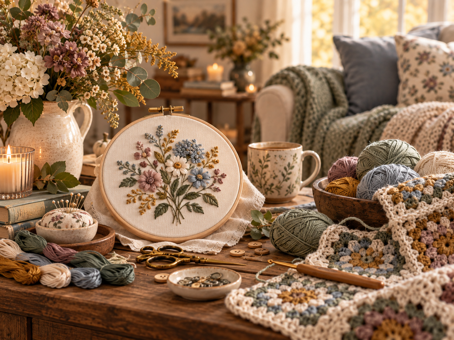 A cozy craft room features a table with embroidery supplies, including colorful yarn, scissors, and a floral embroidery hoop, surrounded by candlelight and floral decor.