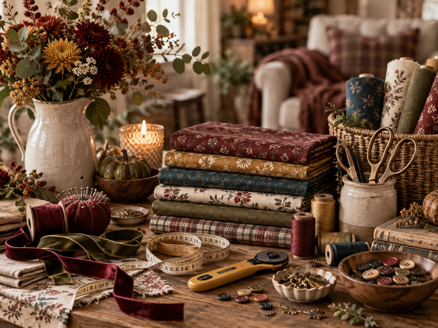 A cozy scene showing sewing and craft supplies including folded fabric, spools of thread, scissors, measuring tape, buttons, and decorative items on a wooden table, with a floral arrangement and a candle in the background.