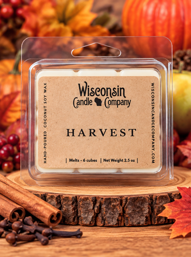 Harvest 2.5 oz coconut-soy wax melts by Wisconsin Candle Company in six-cube packaging with autumn decorations.