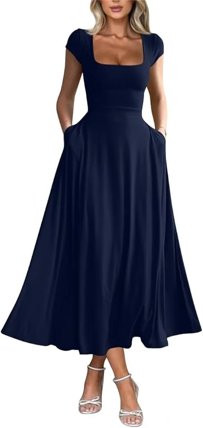 YMDUCH Solid Slim Flowy Maxi Dress 