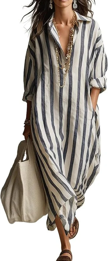 Qiaomai Womens Striped Shirt Maxi Dress