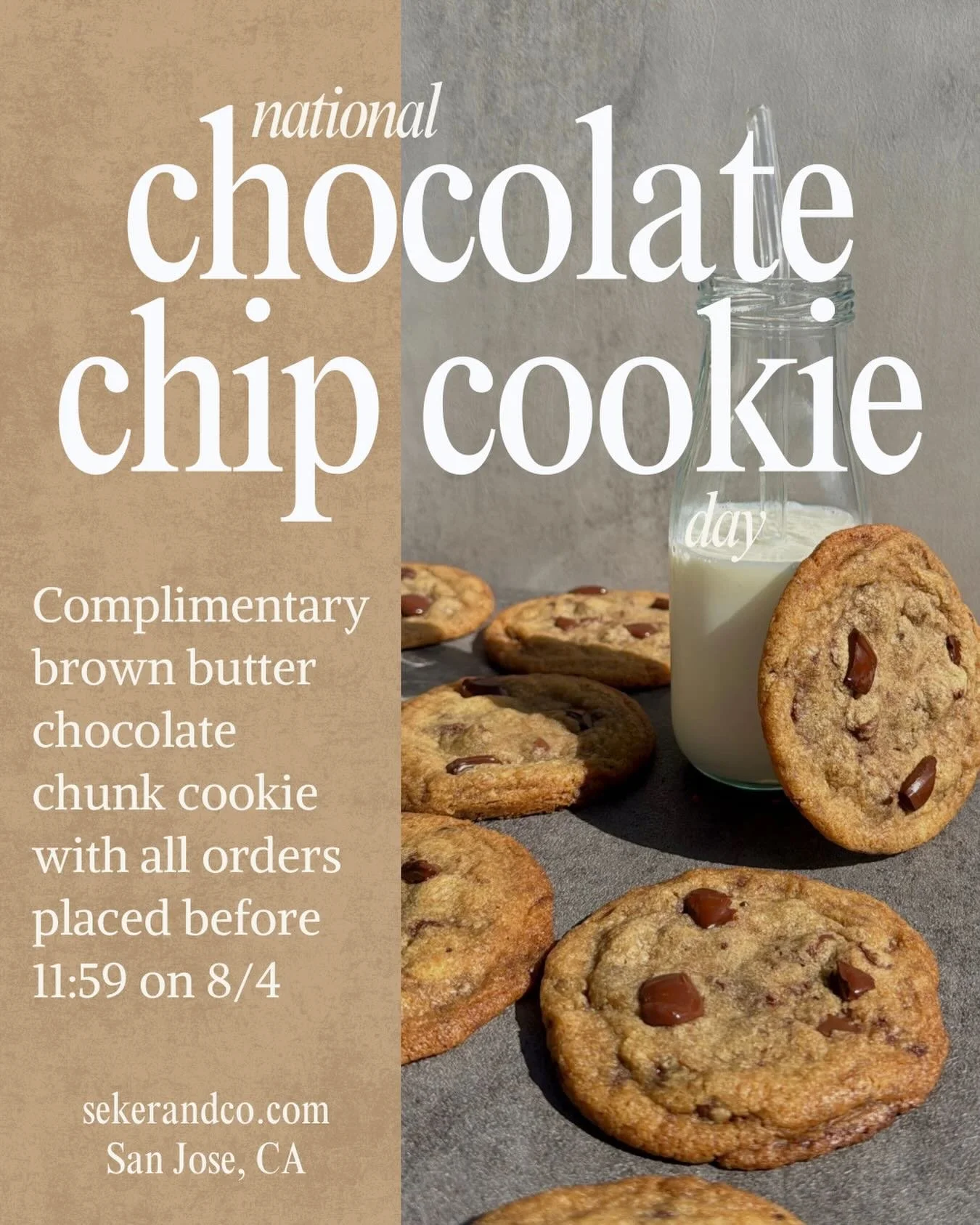 National Chocolate Chip Cookie Day calls for something sweet. 🤎

Enjoy a complimentary Brown Butter Chocolate Chunk Cookie with every order placed by August 4th at 11:59 PM.

Pre-orders close Thursday for pick-up on Sunday, August 9th. 

#chocolatec