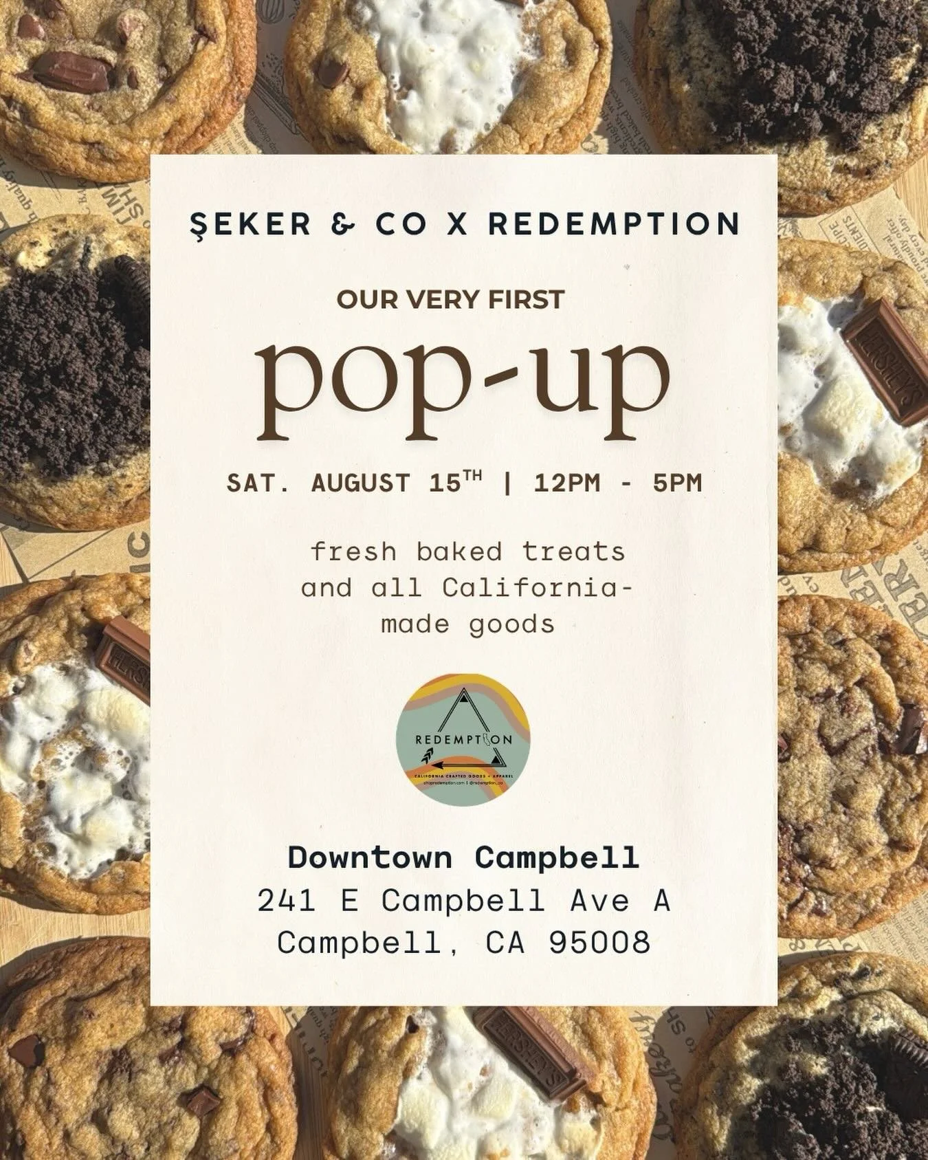 Our very first pop-up! 🤍 

Come spend your Saturday with us at Redemption in Downtown Campbell! We&rsquo;ll have fresh-baked cookies and banana bread available while supplies last.

While you&rsquo;re there, be sure to check out Redemption&rsquo;s t
