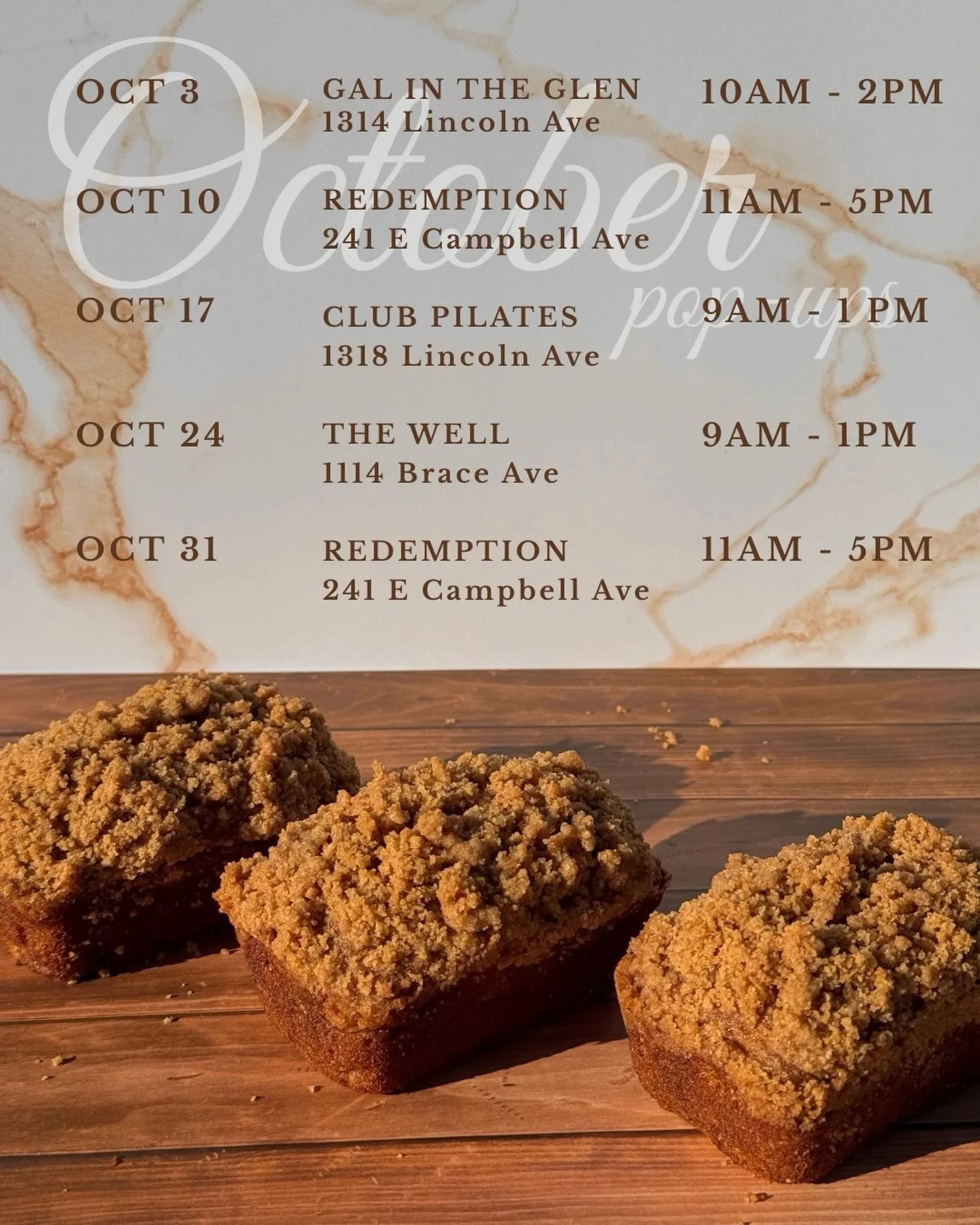 Ring in the new season with us! 🍂🍪 
Here&rsquo;s where you can find us this October 🤎

@galintheglen 10/3 10am-2pm
@redemption_ca 10/10, 10/31 11am-5pm
@clubpilateswillowglen 10/17 9am-1pm
@thewellstudio_ 10/24 9am-1pm

#SanJose #bayarea #cookies 
