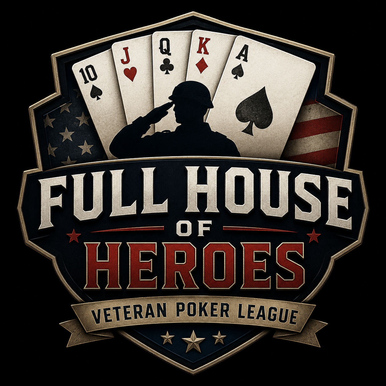 A logo for the Full House of Heroes Veteran Poker League featuring a silhouette of a soldier saluting, playing cards (10 of spades, Jack of hearts, Queen of clubs, King of diamonds, Ace of spades), and American flag elements.