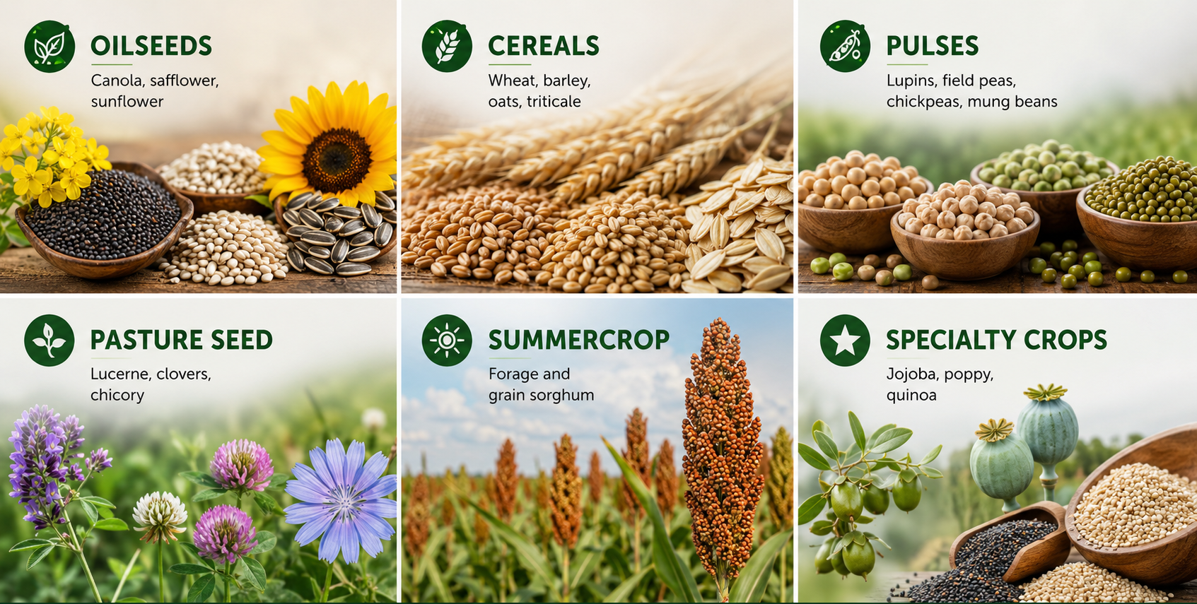 A collage of six images showing different types of seeds and crops, each labeled with their category. Top row from left to right: oilseeds like canola and sunflower, cereals such as wheat and oats, pulses including chickpeas and mung beans. Bottom row from left to right: pasture seeds like clovers and chicory, summer crops of sorghum, and specialty crops like quinoa and poppy.