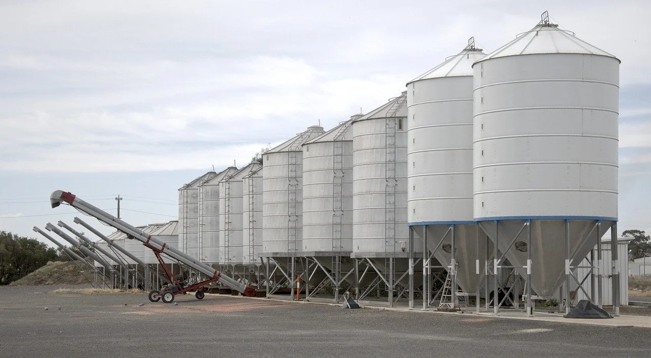 A row of large white grain silos on metal supports with an unloading auger extended towards the ground in a rural area.