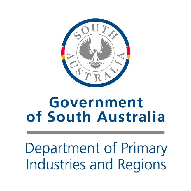 Logo of the Government of South Australia, Department of Primary Industries and Regions, featuring a black and white shield with an emu and a boomerang, surrounded by a blue circle with the text 'South Australia' and colored bands.
