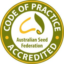 Seal for the Australian Seed Federation with the text 'CODE OF PRACTICE ACCREDITED' and a leaf graphic.