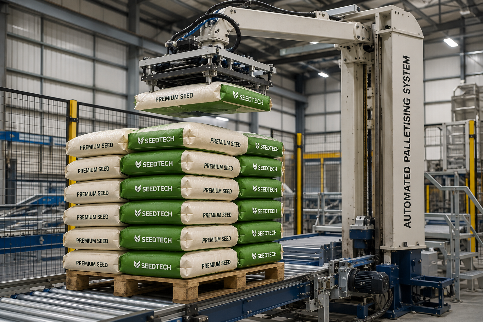 Automated palletizing system stacking bags labeled 'Seedtech' and 'Premium Seed' in a warehouse.