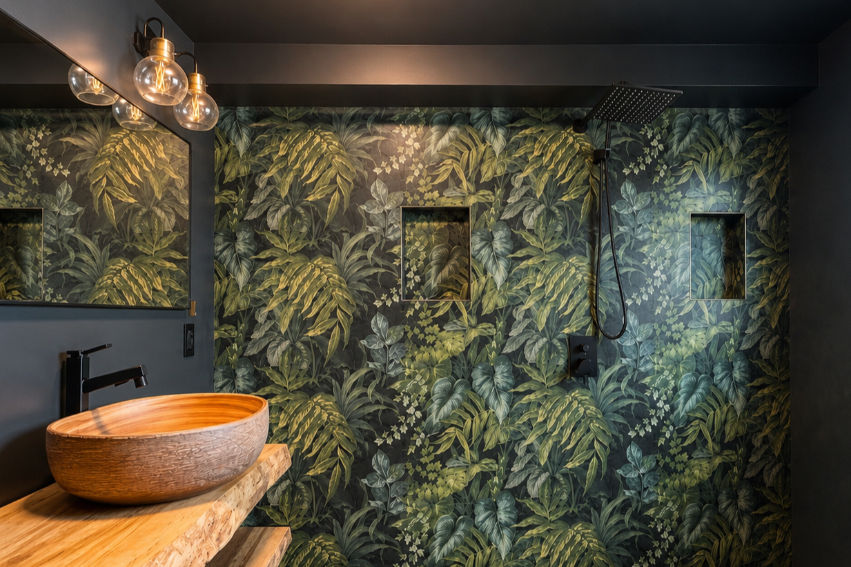 Bathroom with tropical leaf patterned wallpaper, wooden vessel sink, black faucet, mirror, and wall-mounted light fixtures.