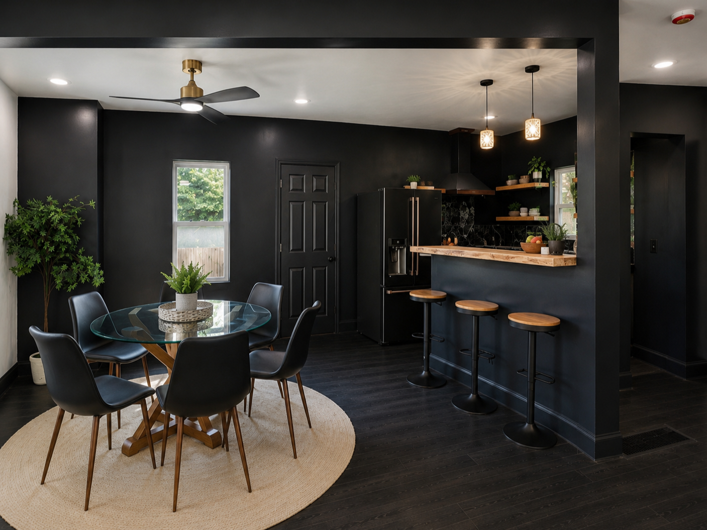 Modern black-themed kitchen and dining area with black walls, black cabinets, black refrigerator, bar stools, and a glass dining table with six chairs, accented by a wooden countertop and light fixtures.