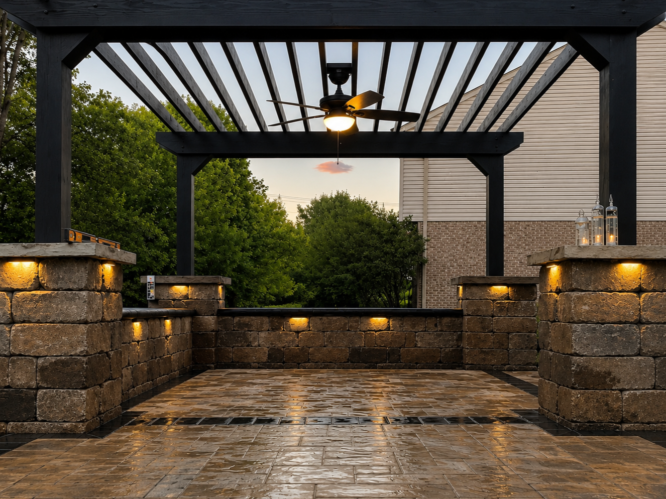 A backyard patio with a pergola, stone walls with built-in lighting, a ceiling fan, lanterns, and a wet tiled floor in the evening.