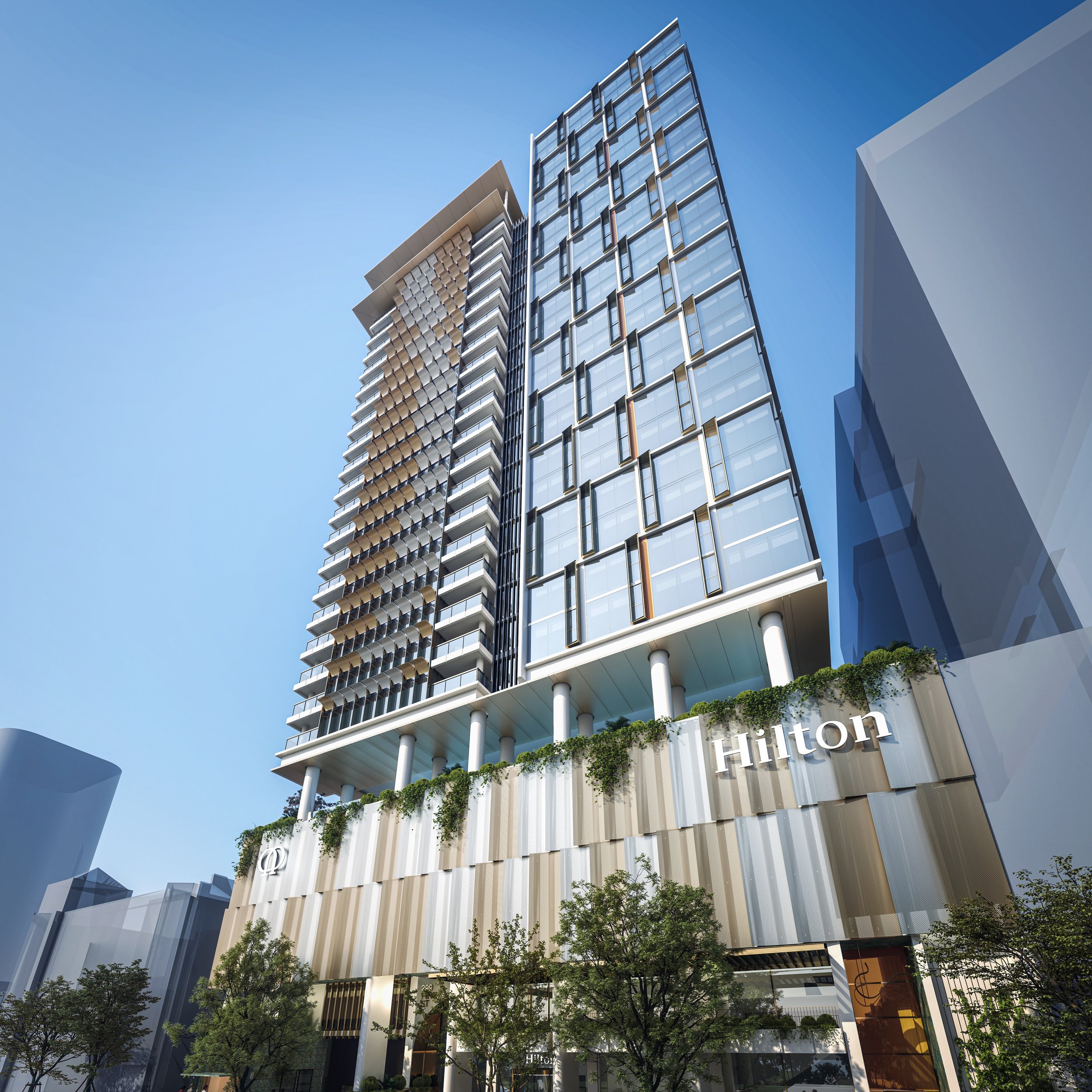 Hilton Hotel and Apartments  
South Australia  
$350M  
242 bed Hotel, 75 apartments, 27 storeys  
Targeting 4.5 NABERS Energy, 5 Star Green Star Buildings