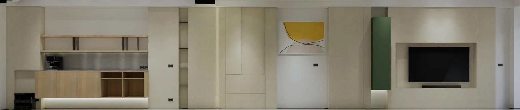 Interior wall with built-in cabinets, a paintings, and a flat-screen TV.