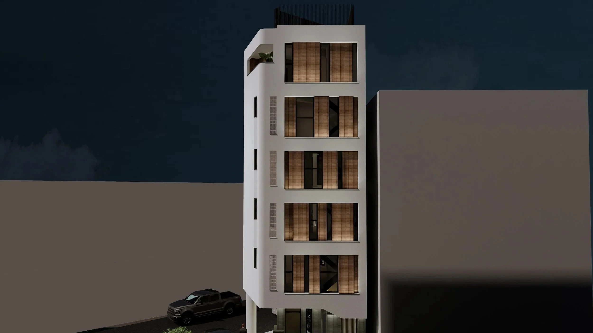 當代多層住宅建築夜景，立面設有陽台與木質百葉窗扇，建築外停放車輛，入口處有一人佇立。