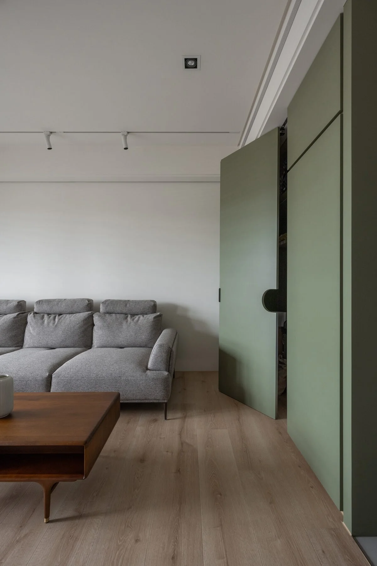 Living room with a beige sectional sofa, wooden coffee table, a green cabinet with sliding doors, and a white wall with ceiling track lighting.