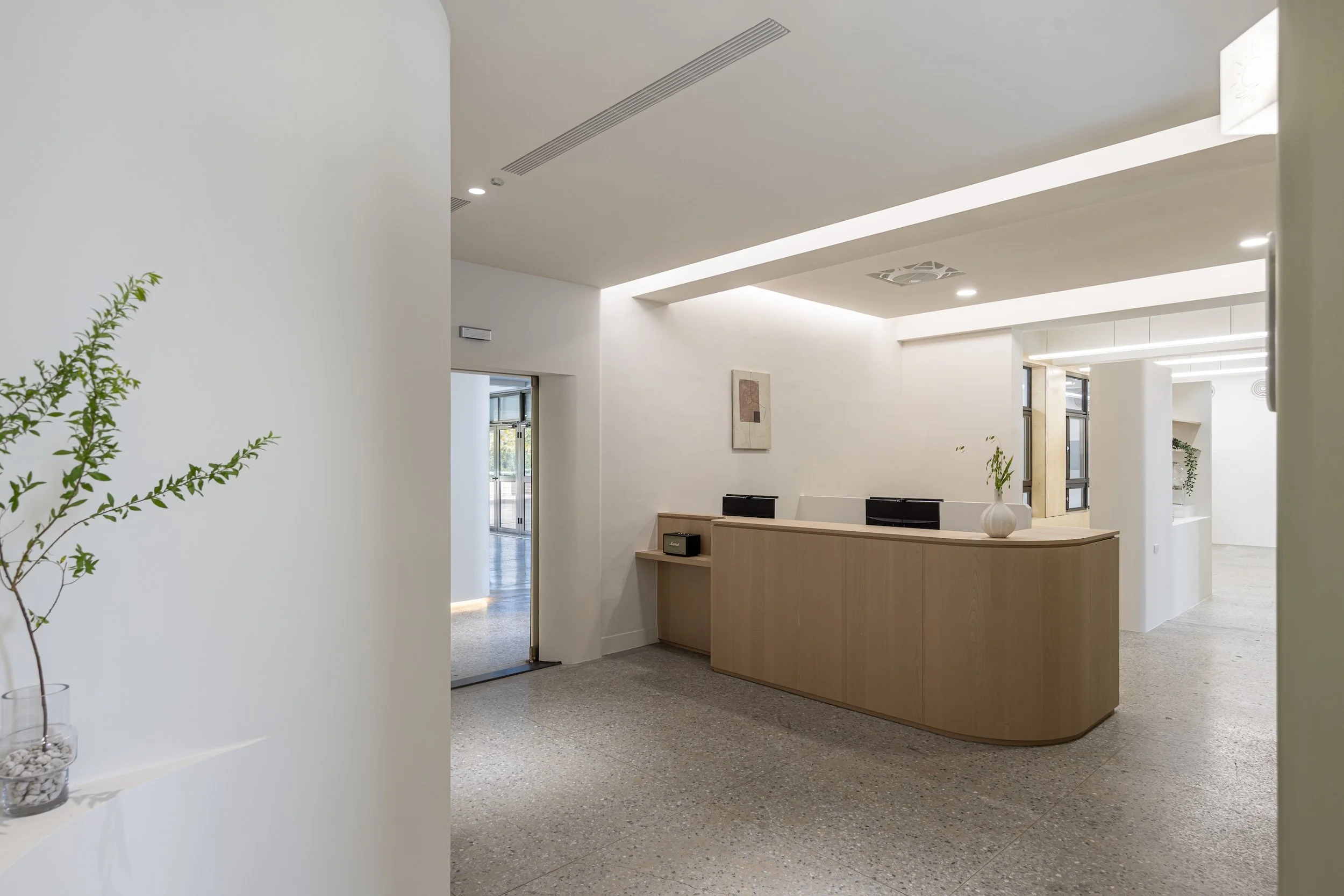 A modern, minimalist office reception area with white walls, a wooden desk, a large piece of abstract art on the wall, a potted plant, and large windows allowing natural light.