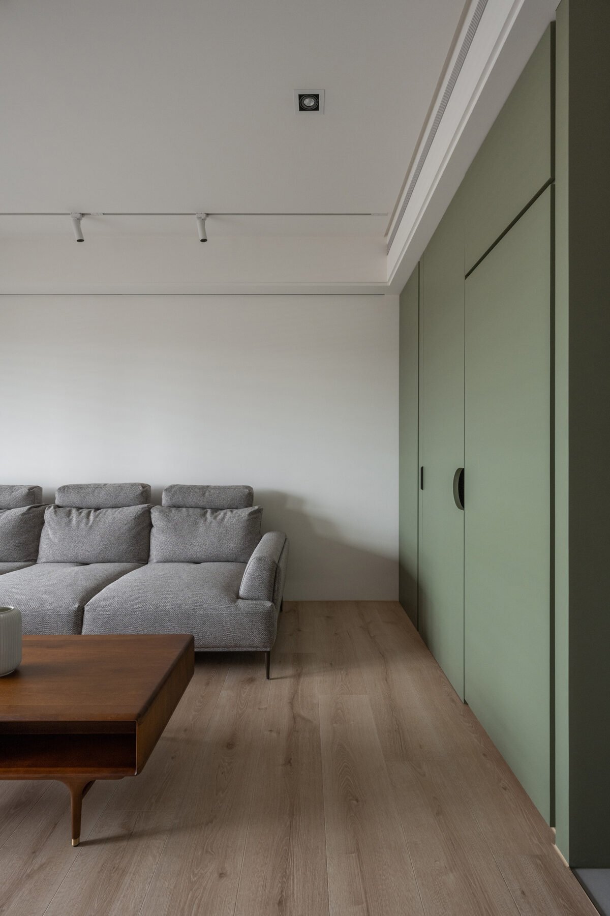 Living room with gray sectional sofa, wooden coffee table, light hardwood floor, white walls, and a green built-in closet or cabinet on the right side. Ceiling has recessed lights and track lighting.