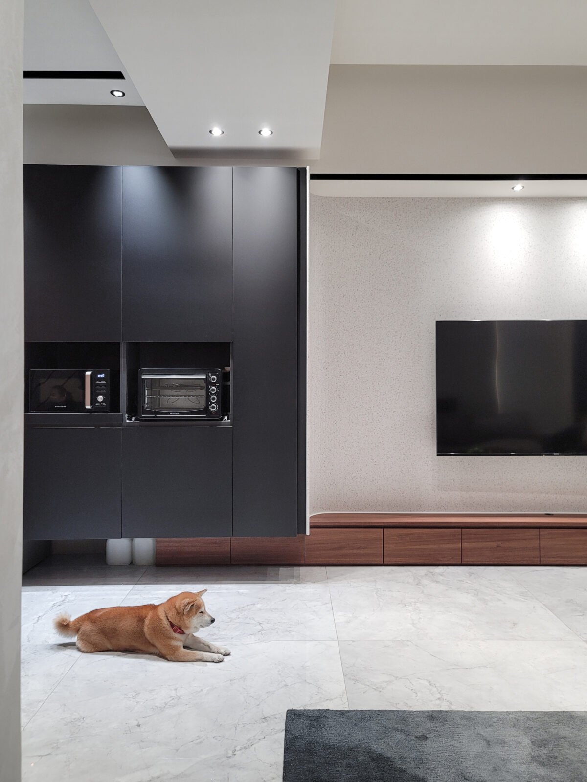 A Shiba Inu dog lying on a marble floor in a modern living room, with a large flat-screen TV on a textured white wall and black kitchen cabinets with appliances to the left.