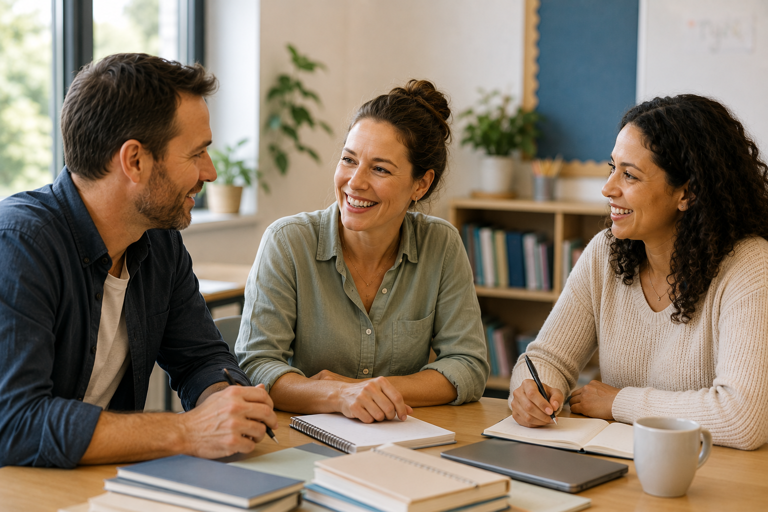 Three people having a discussion at a meeting table in a bright office, smiling and taking notes over a Divine EFT & Wellness Group session.