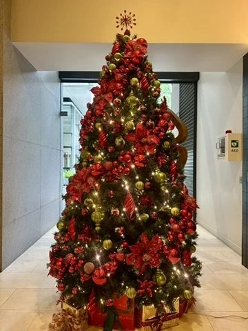 Decorated Christmas tree with red and green ornaments, lights, and ribbon, topped with a star, standing in a modern indoor space.