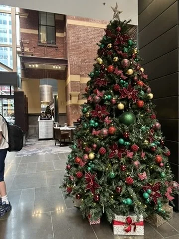 A decorated Christmas tree at the Intercontinental Hotel Melbourne  with ornaments, ribbons, and a star on top, located indoors near a dark wall and sunlight from a nearby window.