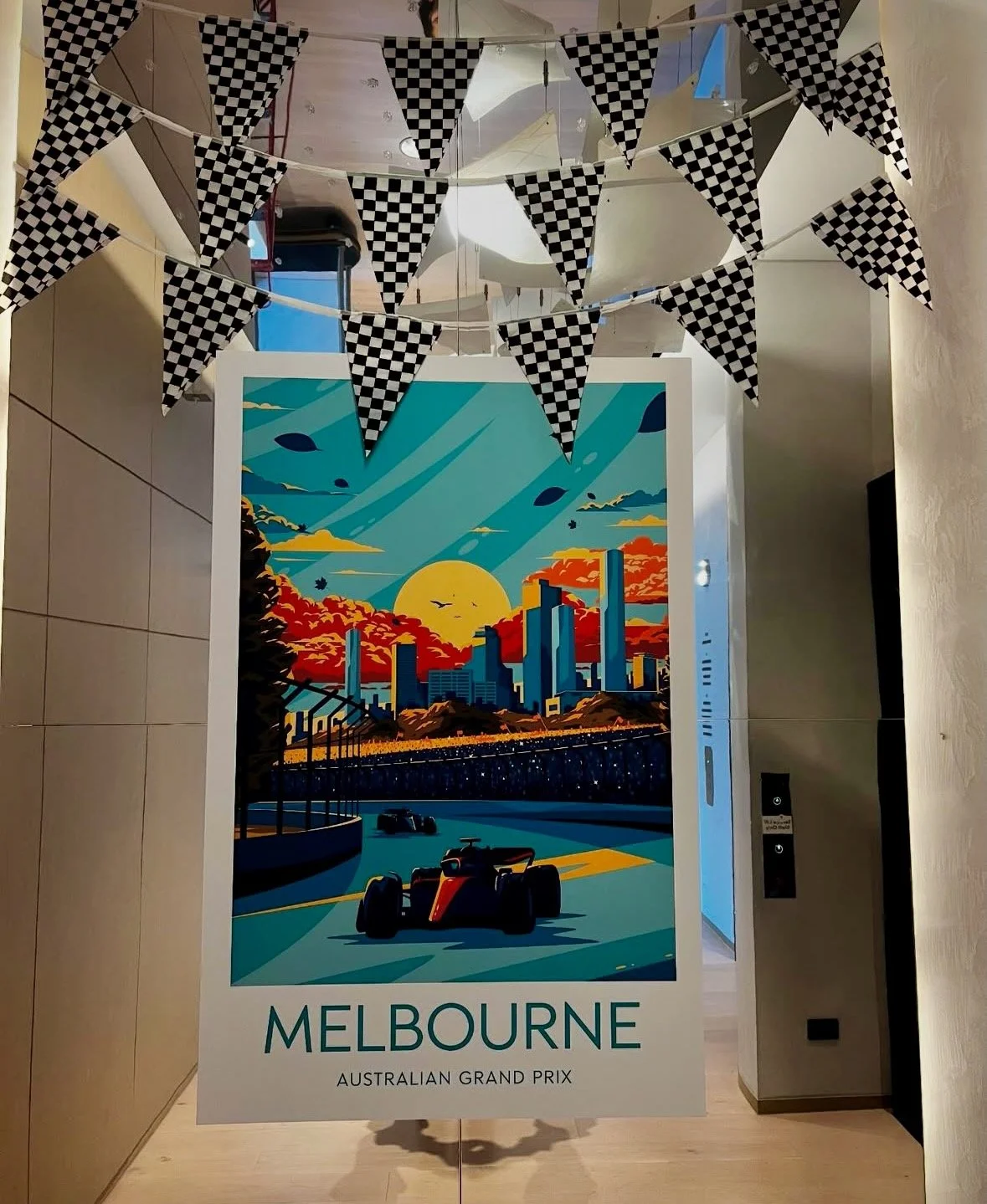 Illustration of the Melbourne skyline with a race car in the foreground and a sunset sky, promoting the Australian Grand Prix.