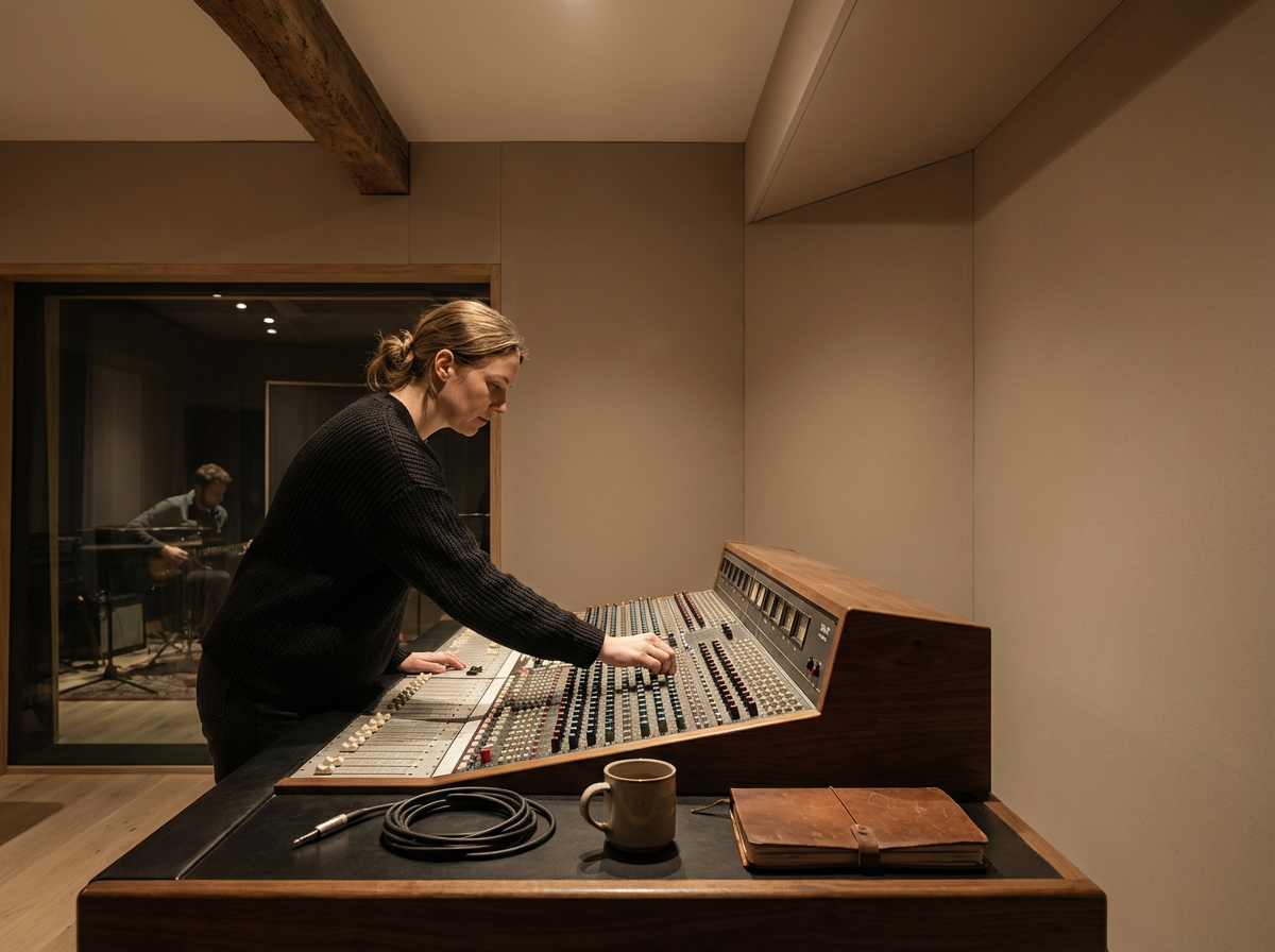 A woman adjusting settings on a large vintage audio mixing console inside a recording studio, with another person playing guitar visible through a glass window.
