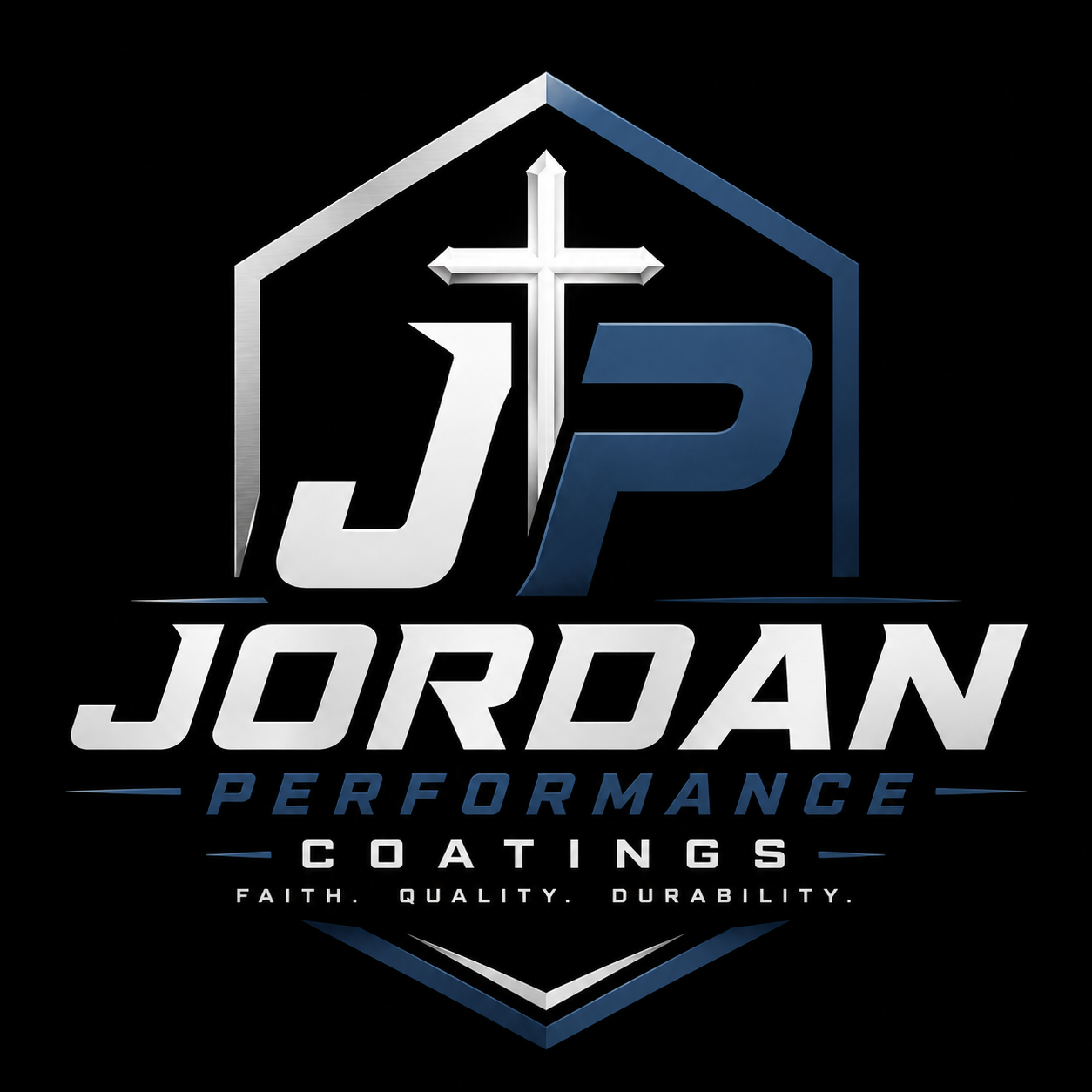 Logo for Jordan Performance Coatings featuring a house outline with a cross, and text emphasizing faith, quality, and durability.