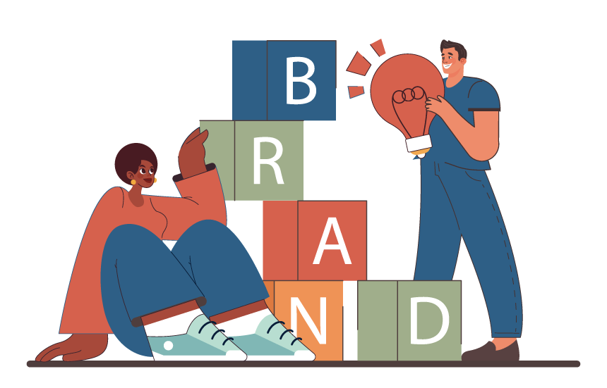 Two children playing with toy blocks spelling 'BRAND', one girl sitting, smiling, with sneakers, the other boy standing holding a lit lightbulb.