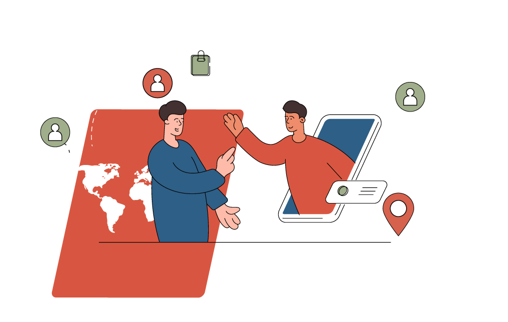 Illustration of two men engaging in a virtual handshake via smartphones, with world map and location icons, symbolizing global communication or remote collaboration.