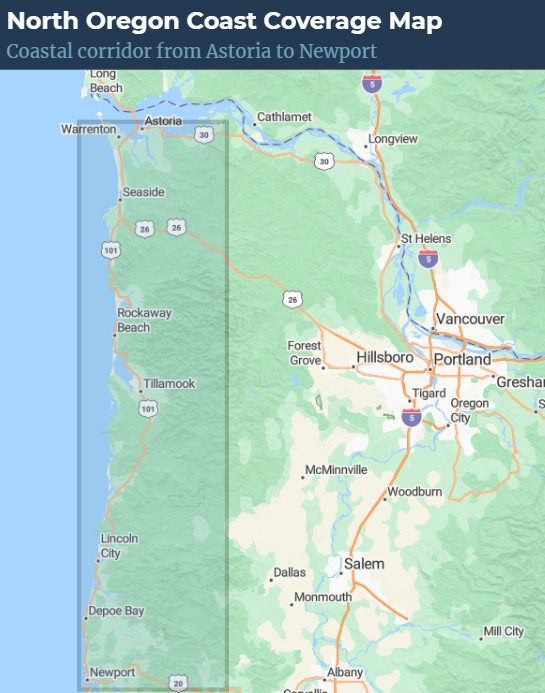 Map of North Oregon Coast coverage from Astoria to Newport, showing major cities and highways.