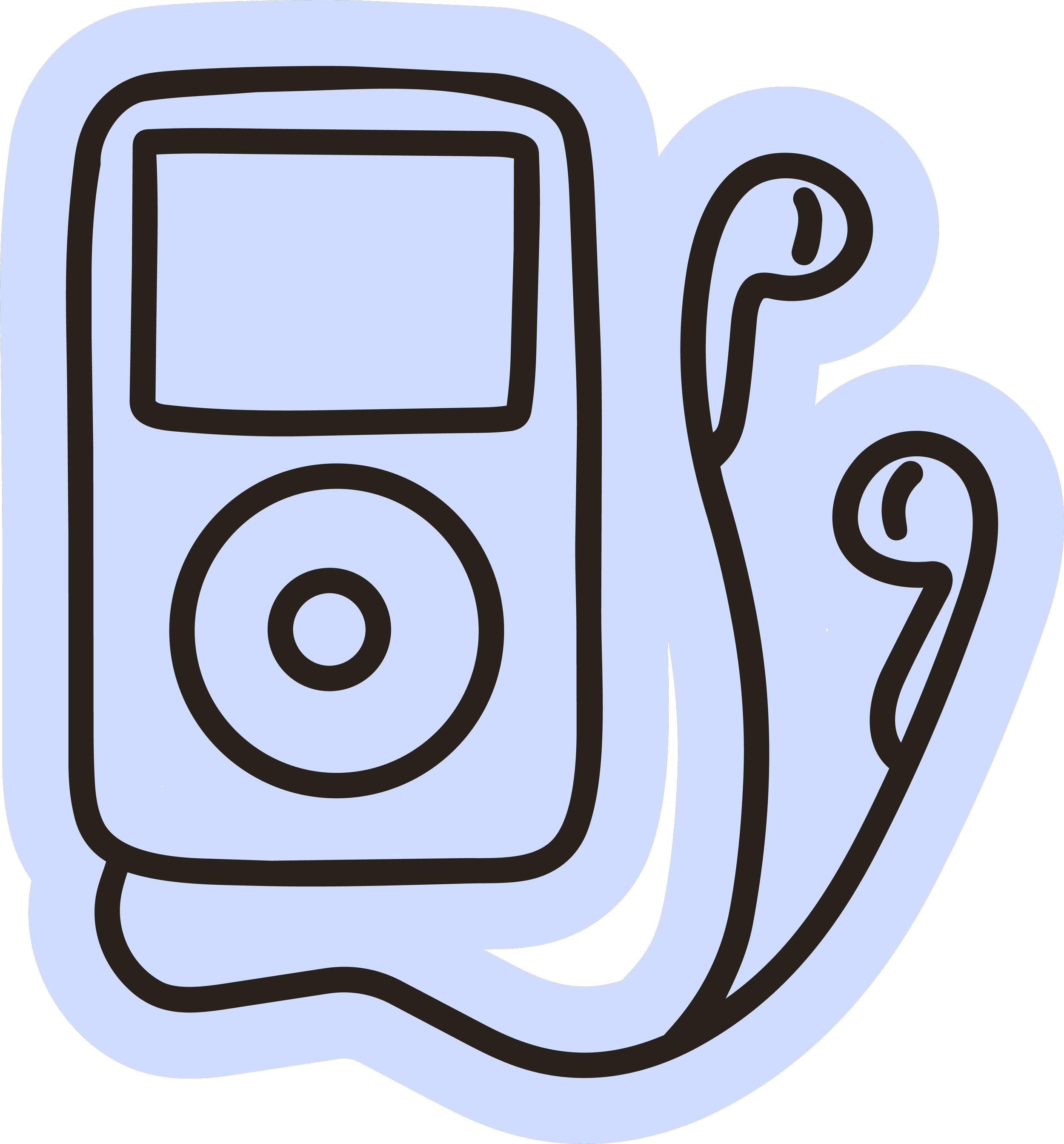 Outline drawing of an iPod nano, depicted in black lines on a light blue background.