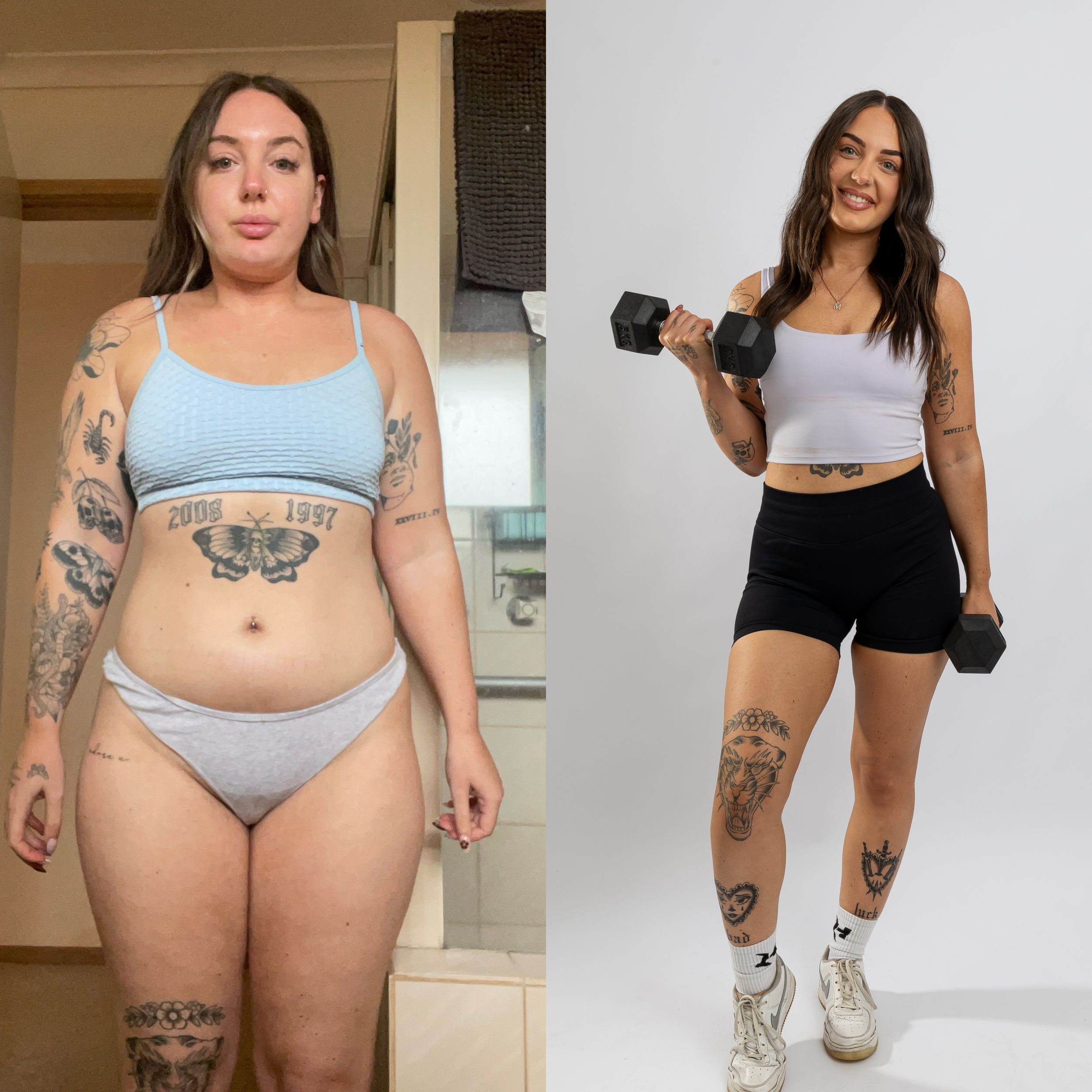 Comparison of a woman before and after fitness transformation, standing in different locations, wearing workout clothing, holding dumbbells, and showing tattoos.