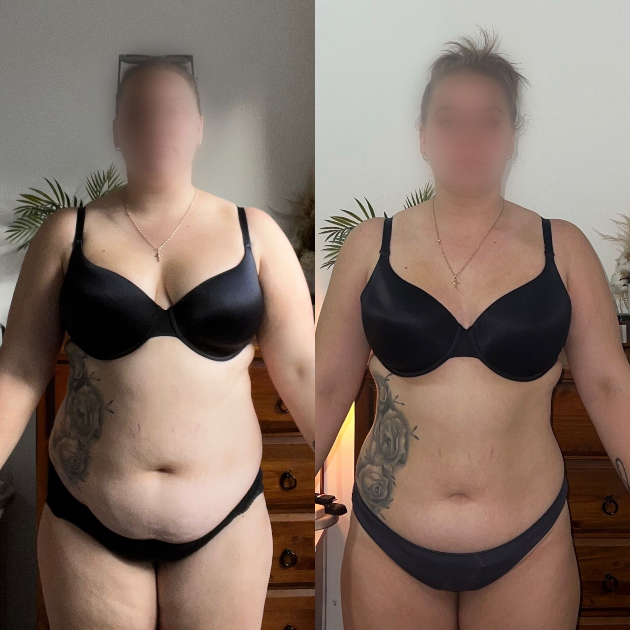 Side-by-side comparison of a woman in black lingerie with short hair, showing before and after grooming, with a plant in the background.