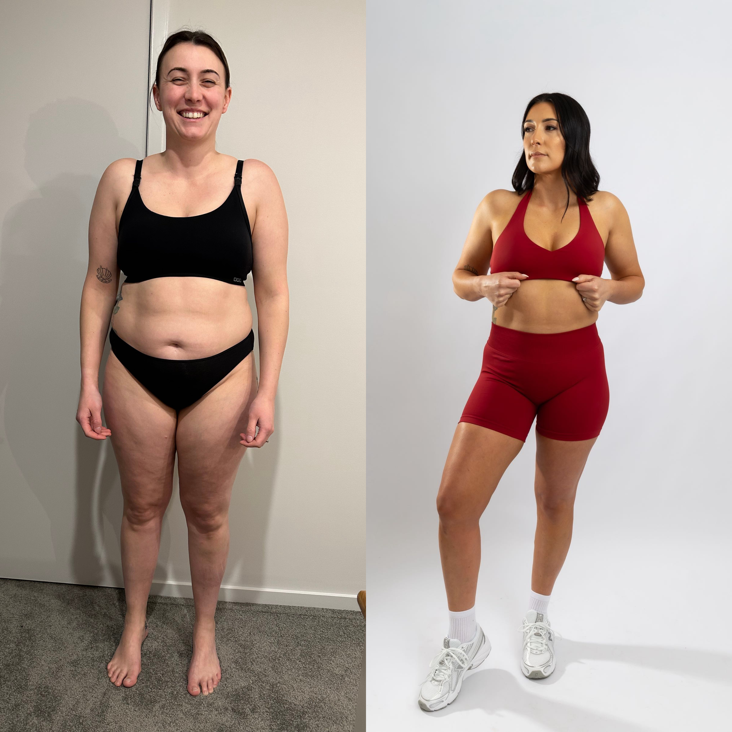 Comparison of two women, one without shirt and one in athletic wear, standing against different backgrounds, one on carpet and the other on a white wall.