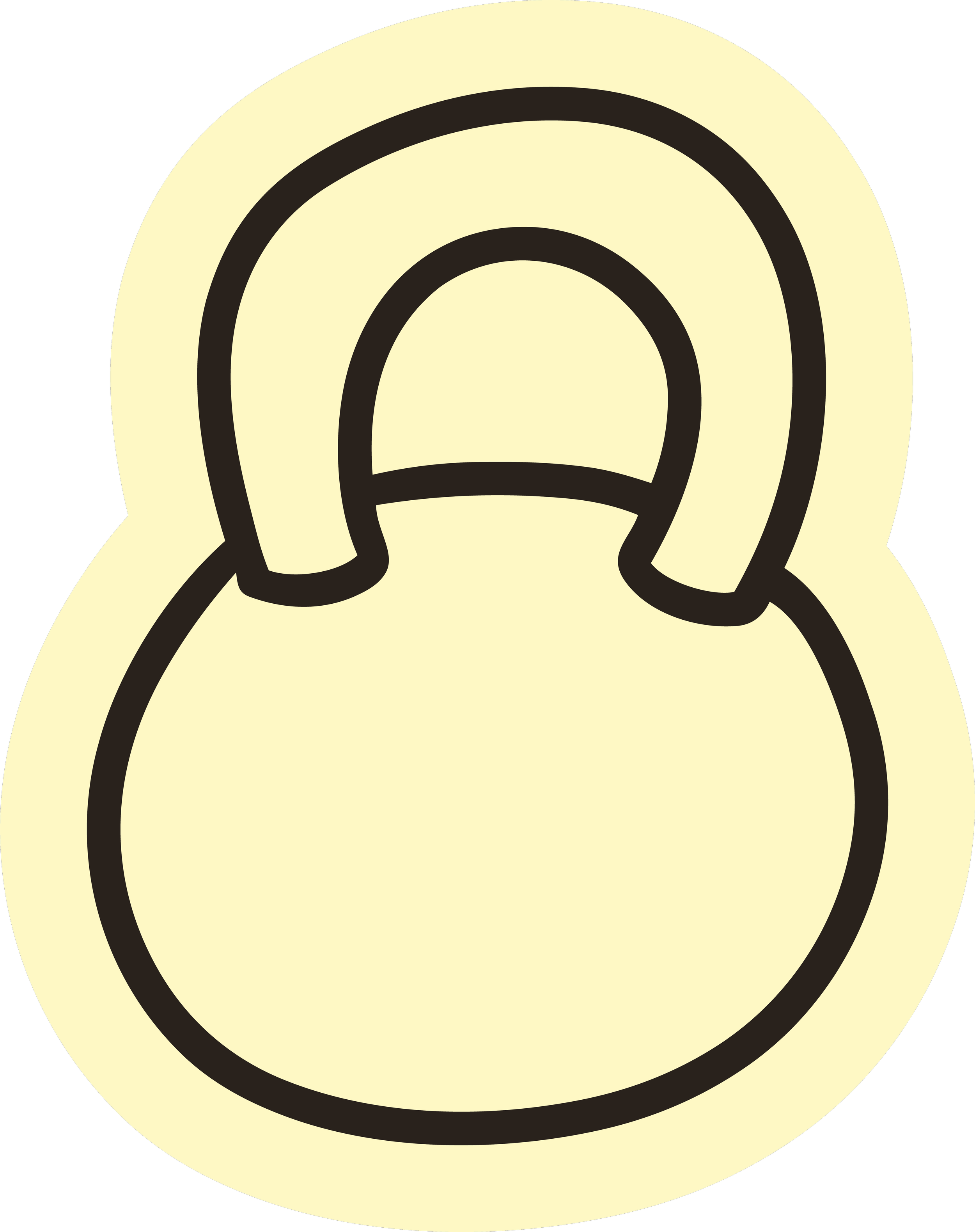 A kettlebell with black outlines on a yellow background.