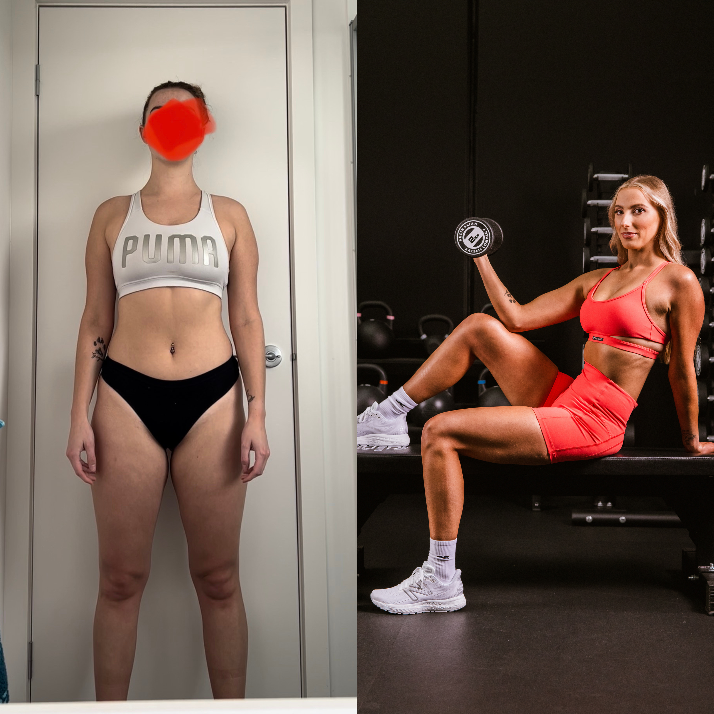 Two women in athletic attire, one standing in front of a white door with a red face covering, the other sitting in a gym holding a dumbbell, wearing a pink sports bra and matching shorts.