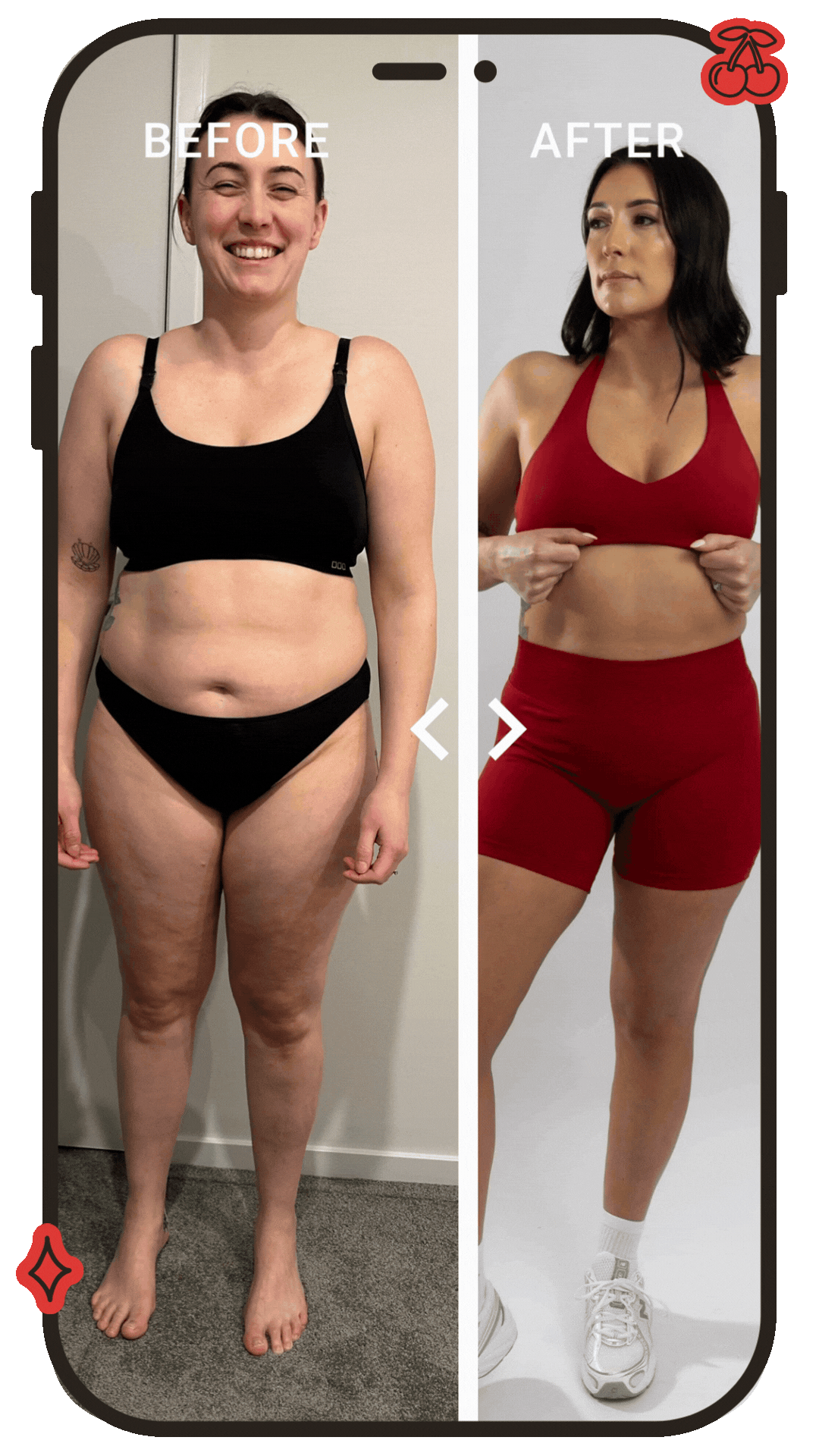 Side-by-side before and after photos of a woman showing weight loss transformation, wearing black undergarments in the before photo and red workout clothes in the after photo.