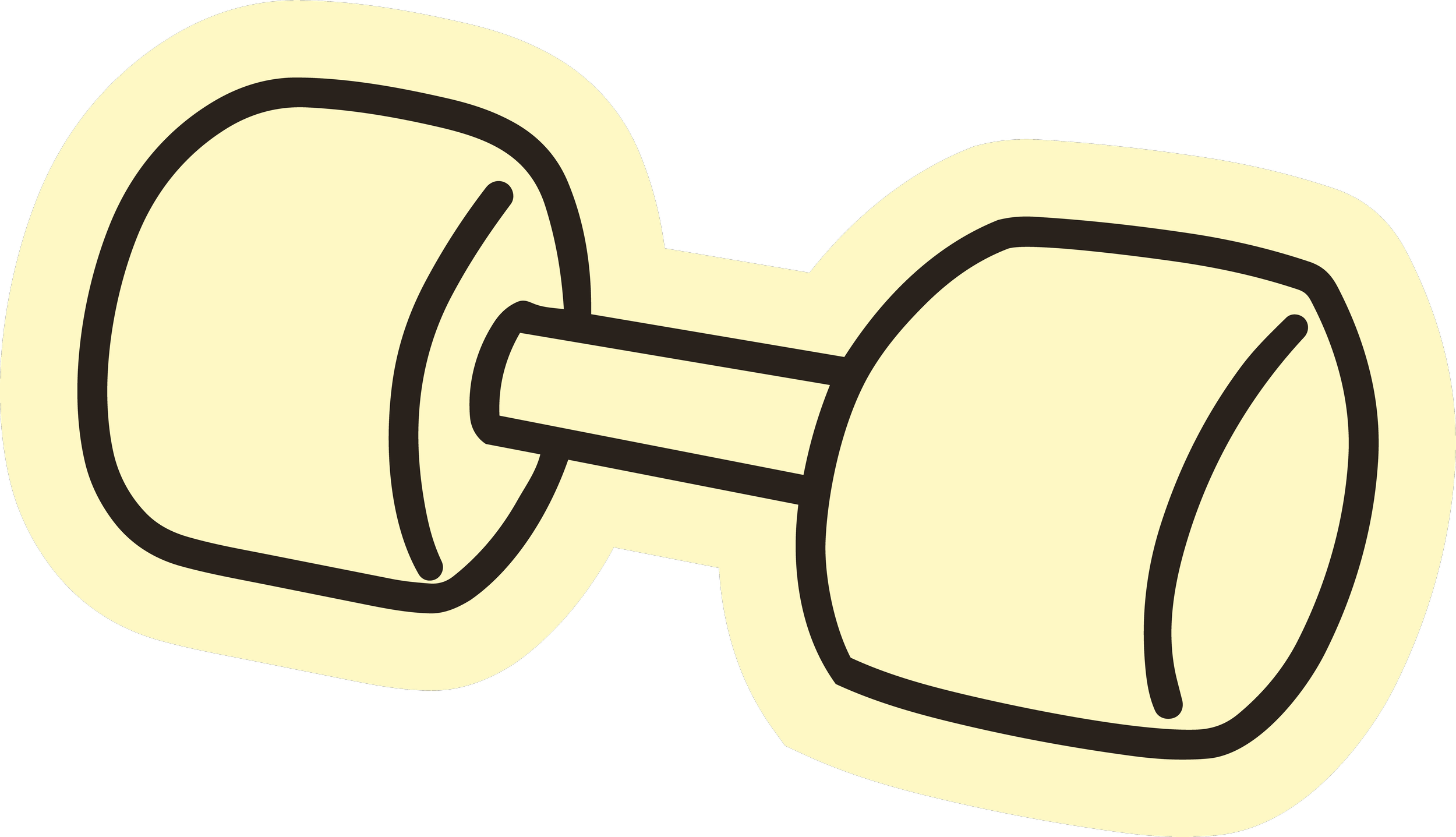 A dumbbell with black outlines on a yellow background.