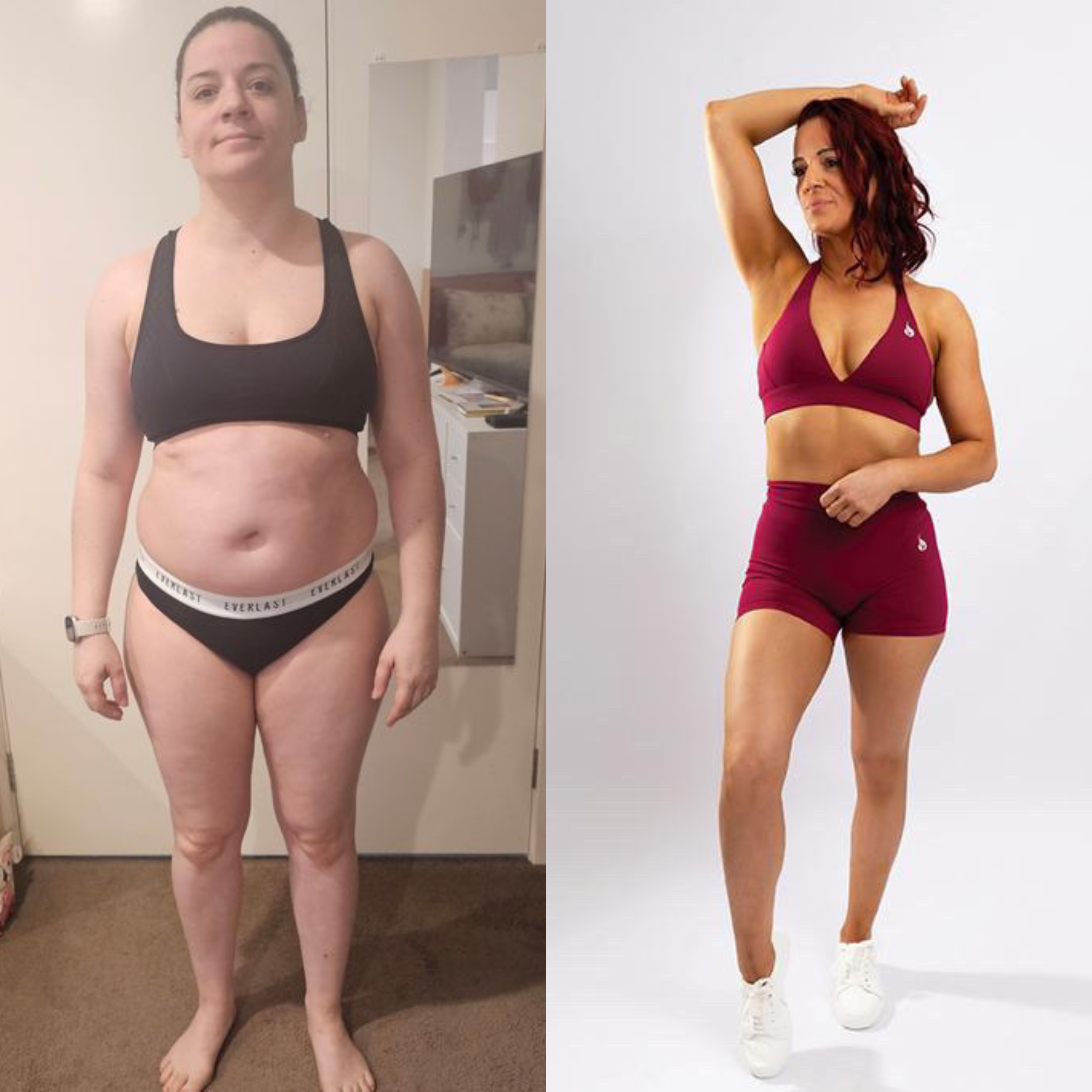 Comparison photo showing a woman's body transformation, with a before image on the left and a after picture on the right.