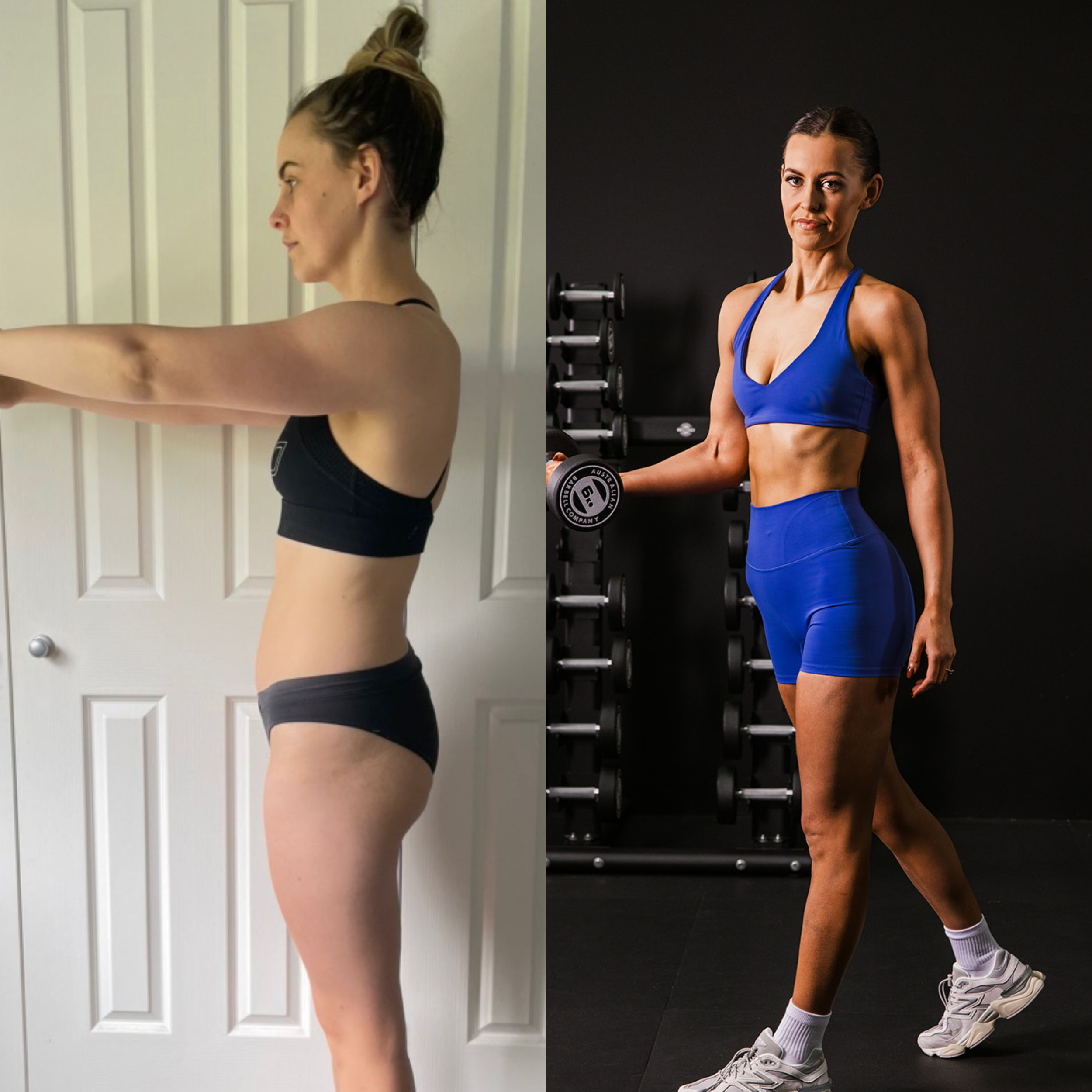 Comparison of a woman before and after a fitness transformation, showing increased muscle definition and strength in the after photo.
